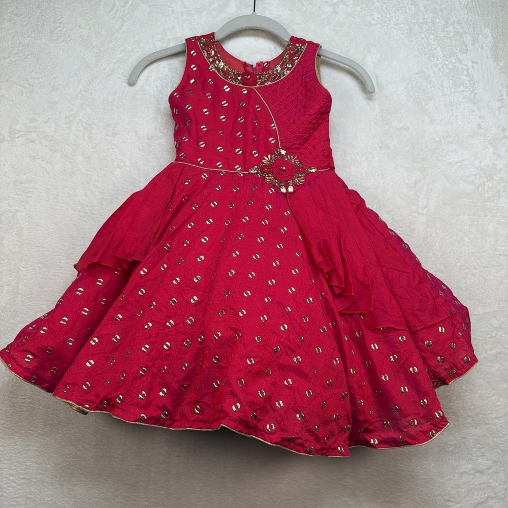 Girls Red Tulle Party Dress Gold Embellished Ruffle Wedding Holiday 5T‎